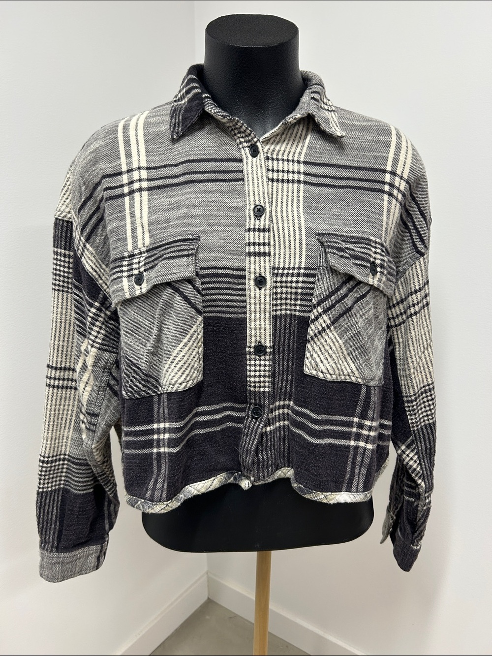 BDG Black & Cream Plaid Button-Up crop length
